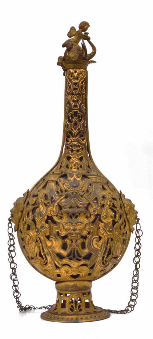 LARGE GILDED & PIERCED METAL OVERLAID GLASS BOTTLE (1 of 7)