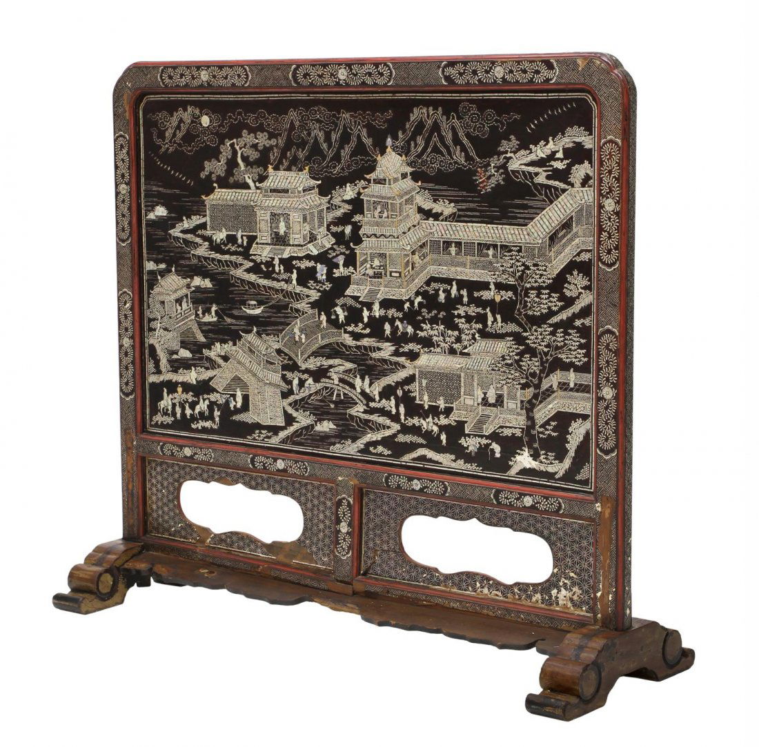 ELABORATE CHINESE MOTHER OF PEARL INLAID SCREEN (1 of 6)