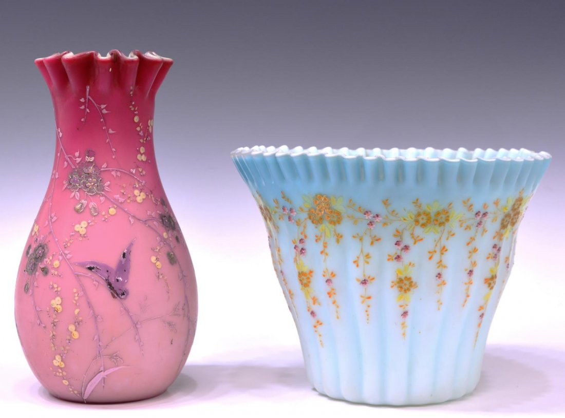 (2) LARGE VICTORIAN SATIN ART GLASS VASE & BOWL: (lot of 2) Victorian satin art glass enameled vases, comprising: (1) deep pink peach blow vase in the manner of Thomas Webb, bird and flower motif with raised gilt accents, some enamel and gilt loss,