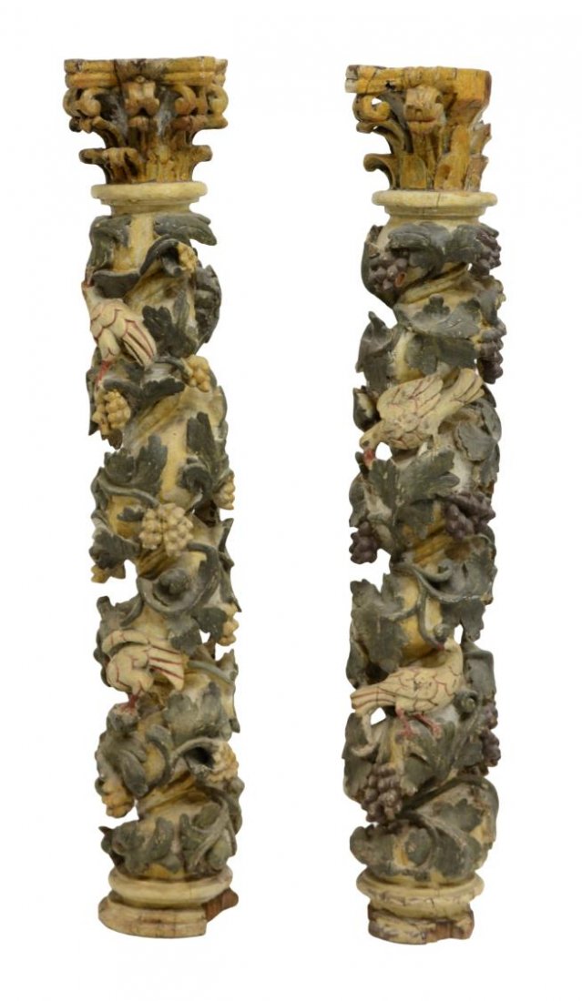 (2) POLYCHROME WOOD COLUMNS, GRAPES & BIRDS (1 of 4)