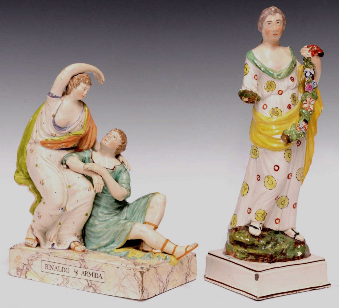 (2) RARE LAKIN & POOLE & OTHER PEARLWARE FIGURES: (lot of 2) Pearlware figures, comprising: (1) rare Lakin & Poole group, Rinaldo and Armida, c. 1800, tin glaze, an example found in the Victoria and Albert Museum; (1) Goddess Flora, lacking right arm