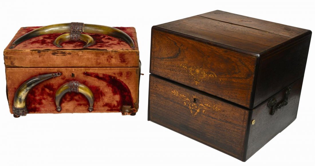(2) VICTORIAN HORN MOUNTED BOX & TANTALUS BOX: (lot of 2) Antique tabletop wooden decorative boxes, including; (1) Victorian jewelry box retaining original worn red velvet and horns mounted to exterior and lid, interior is fitted with pull out com