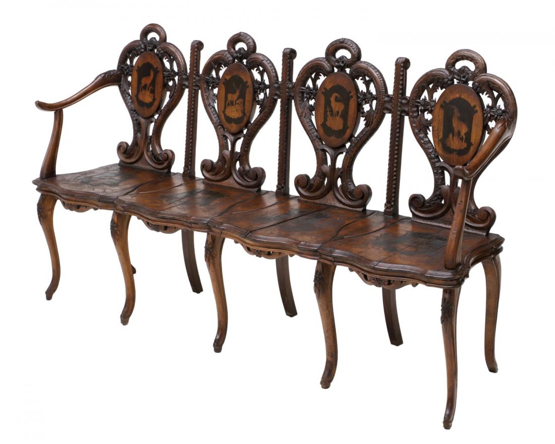 BLACK FOREST WALNUT FOUR PLACE BENCH, 19TH C. (1 of 5)