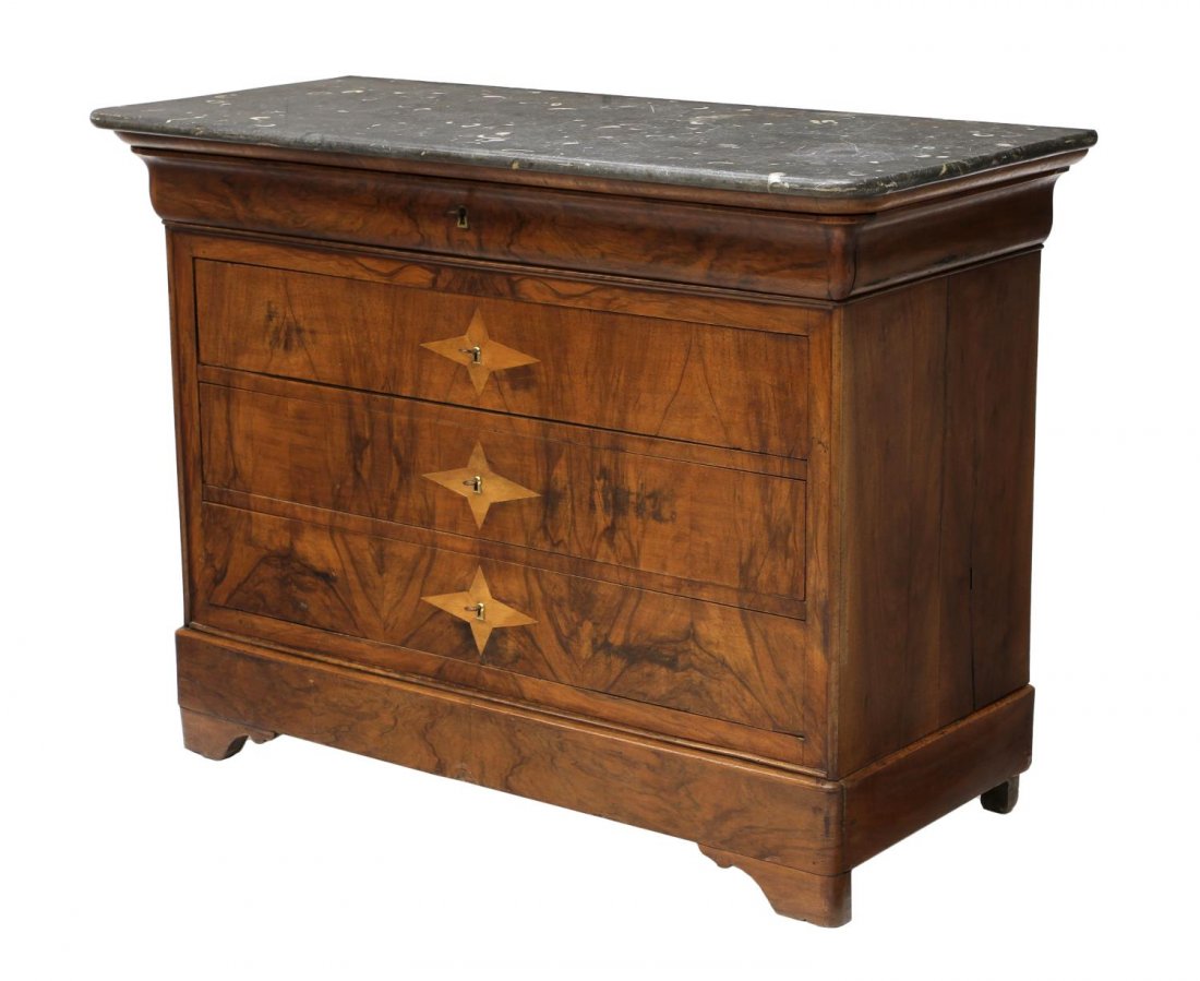 LOUIS PHILIPPE MARBLE TOP MARQUETRY COMMODE (1 of 6)