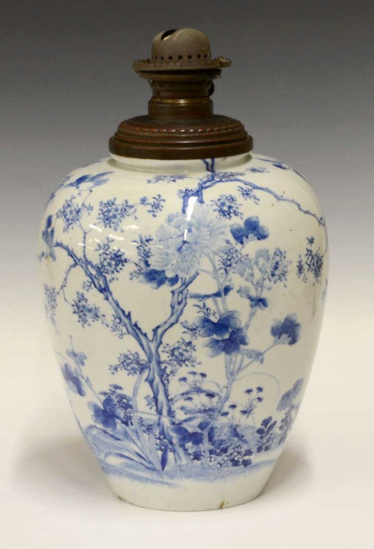 JAPANESE BLUE AND WHTIE PORCELAIN JAR OIL LAMP (1 of 3)