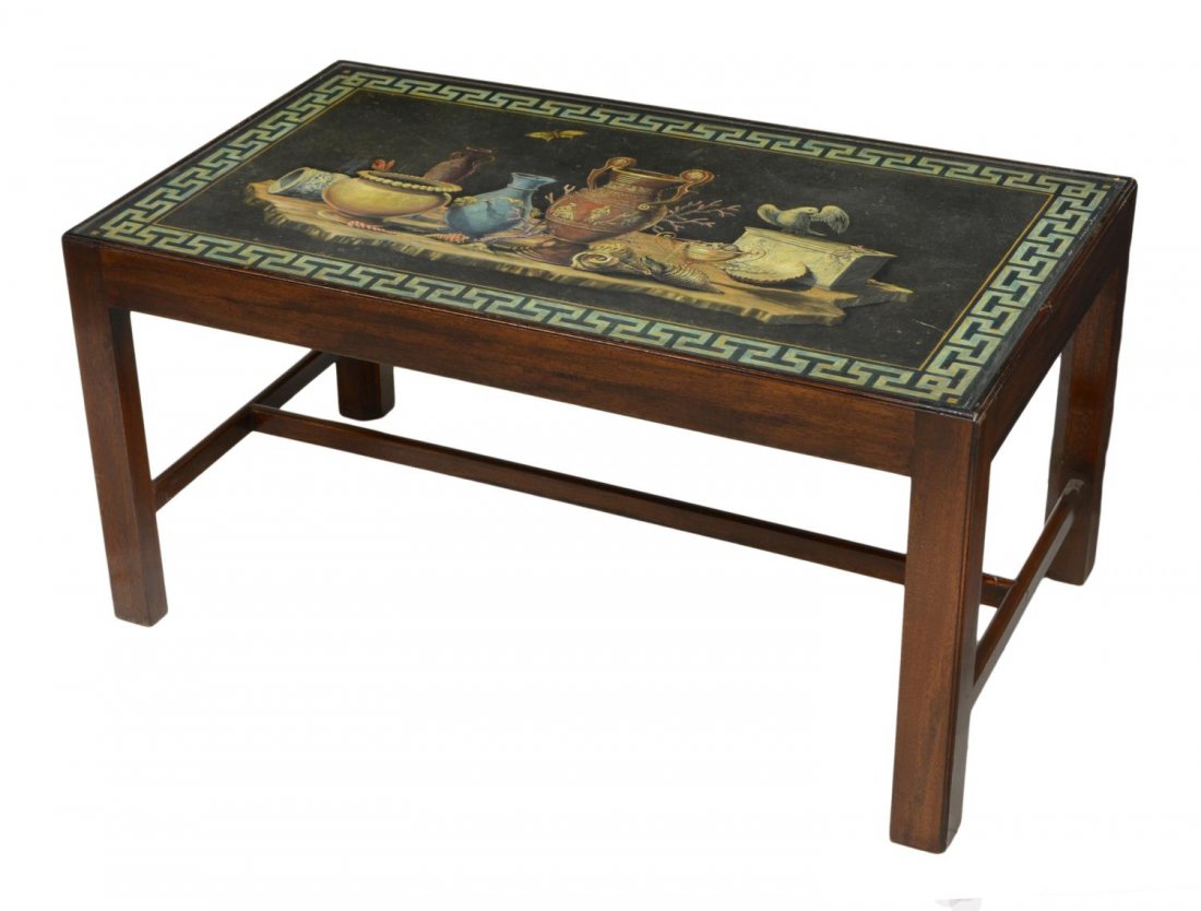 MAHOGANY FRAMED COFFEE TABLE, PAINTED MARBLE TOP (1 of 3)