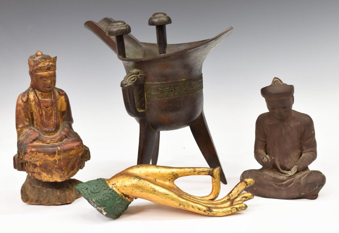 (4) COLLECTION OF ASIAN WOOD & BRONZE ARTIFACTS: (lot of 4) Asian bronze and wood artifacts, comprising: (1) Chinese bronze footed ceremonial wine vessel, Jue shape with archaistic motif; (1) life size gilded metal hand of Buddha; (1) small plaster
