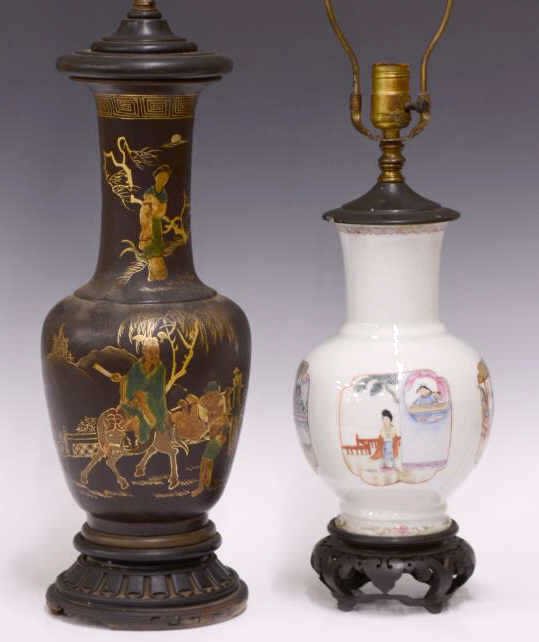 (2) ASIAN PORCELAIN AND LACQUER VASE LAMPS (1 of 4)