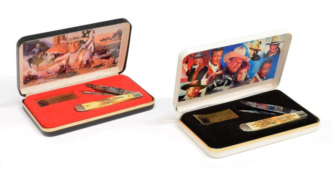 (2) CASE XX JOHN WAYNE COMMEMORATIVE KNIVES: (lot of 2) Case XX John Wayne commemorative knives: (1) two blade "Give 'em hell John", #276; (1) two blade, An Amerian Hero, both new in box Start Price: $80.00