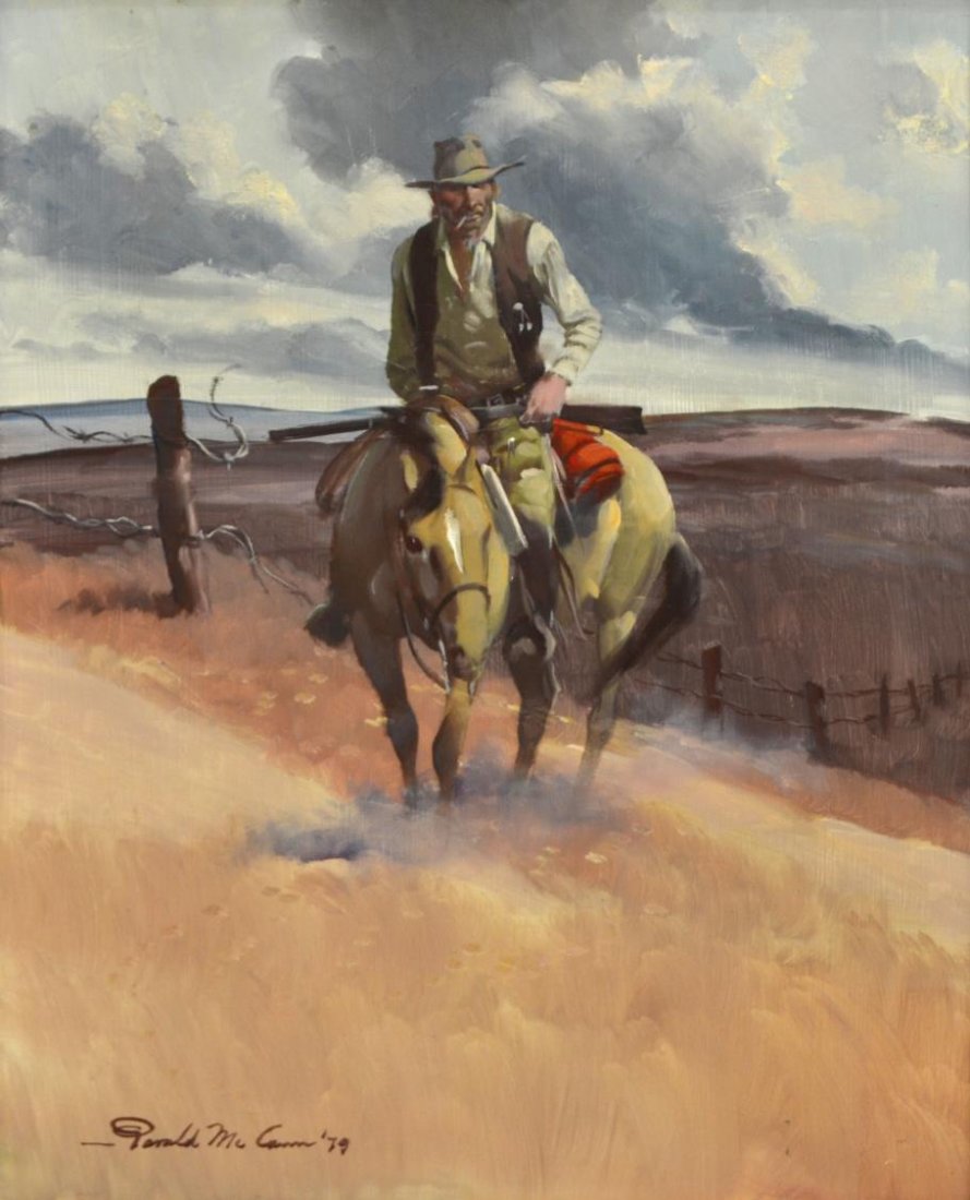 GERALD MCCANN WESTERN PAINTING,"FENCE RIDER": Framed oil on board, "Fence Rider", signed and dated Gerald McCann (American,1916-1995), dated '79 lower left, sight: 20"h, 16"w, overall: 27.5"h, 23"w, 8lbs Start Price: $300.00