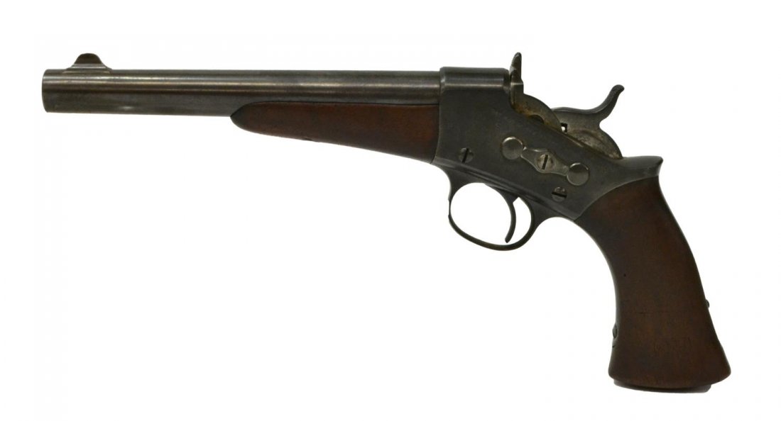 REMINGTON 1871 ARMY ROLLING BLOCK PISTOL, .50CAL: Remington 1871 Army Rolling Block pistol, single shot .50 caliber, 8" round barrel, walnut forestock with the letter K forward of trigger guard, left frame marked "Remington's Ilion, N.Y., U.S.A., Pat