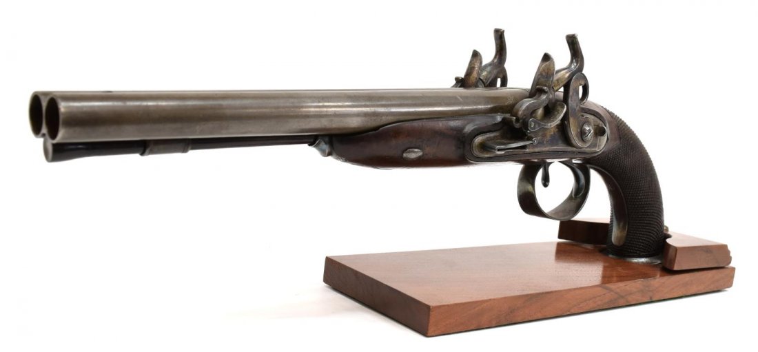 TWIGG DOUBLE BARREL PERCUSSION PISTOL: Percussion pistol marked "Twigg, London" (John Fox Twigg, 1732-1790), percussion converted from flintlock, 9.25" double barrel over wood and brass ramrod, both lock plates stamped Twigg, foliate engra