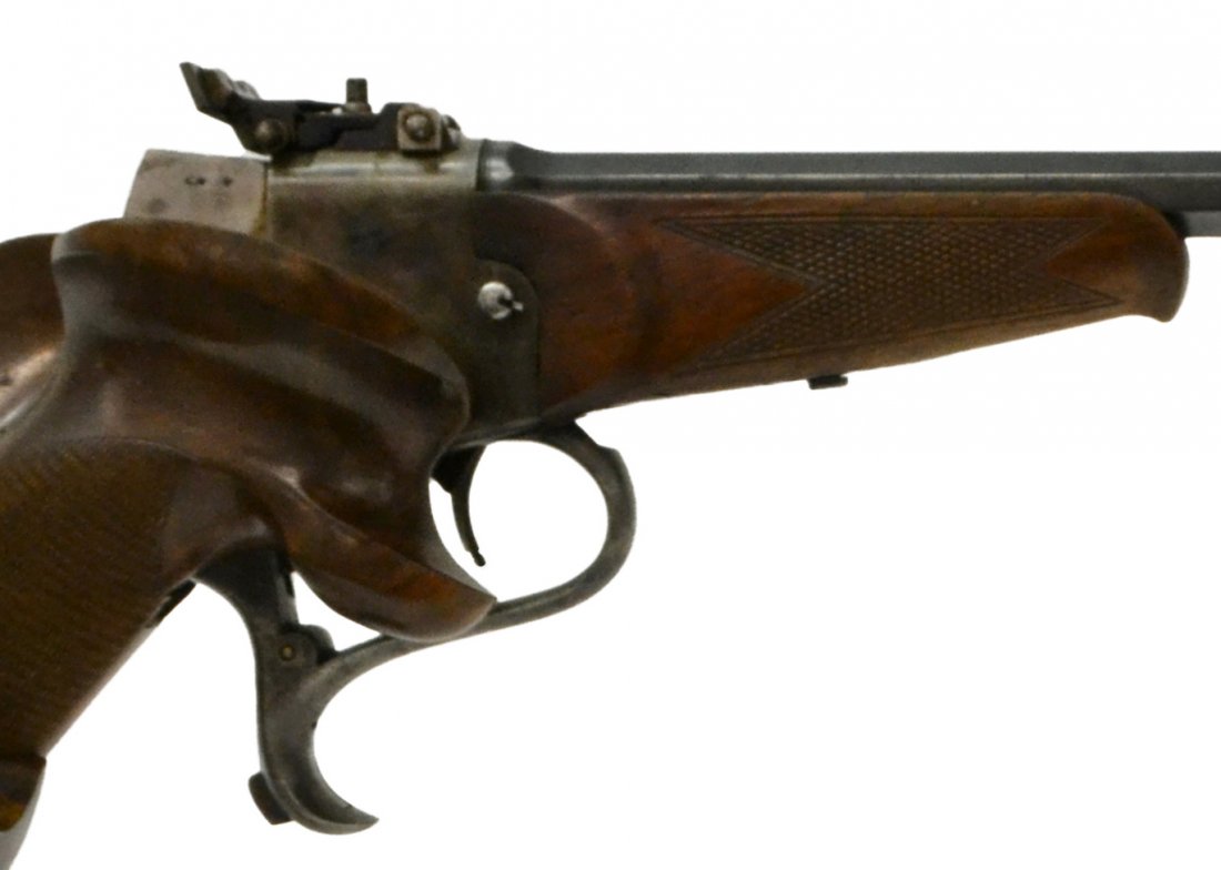 A NCHUTZ STOTZER 12" BARREL TARGET PISTOL, .22 CAL: Anchutz Stotzer Perfekt Pistole target pistol, .22 caliber single shot falling block action with release at rear of trigger guard, 12" octagonal barrel with ramp front sight, adjustable rear sight, do