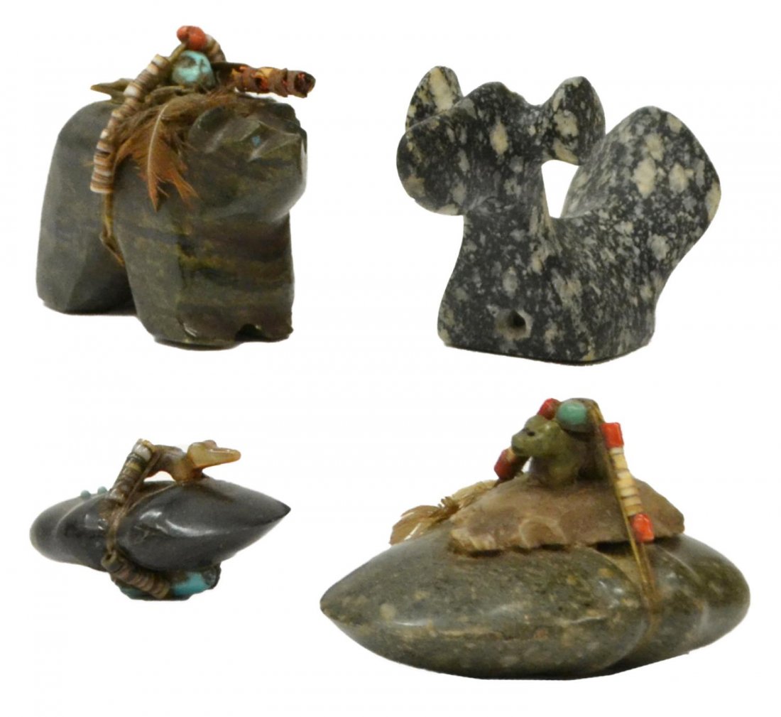 (5) AMERICAN INDIAN CARVED STONE FETISHES, ONE 6"L: (lot of 5) Native American fetishes, stone carving: (1) bear with mother of pearl, turquoise and red coral, 2.25"h 6"l, 1.25"w; (1) bear with turquoise eyes turquoise on back with beads, metal spear, 
