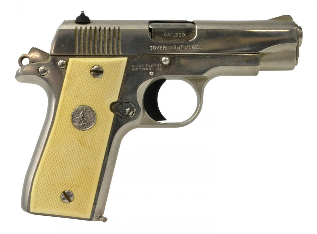 COLT MI/IV SERIES 80 GOVERNMENT MODEL .380 PISTOL: Colt MK/IV Series 80 Government Model pistol, 380 caliber, 3.25" barrel, stainless steel finish, white Colt grips, Colt magazine, SN RC57XXX *REQUIRES FFL TRANSFER Start Price: $250.00