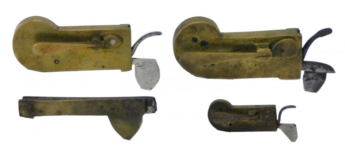 (4) MEDICAL FLEAMS, 19th C.: (lot of 4) Medical fleams, all with cases: (1) brass and steel, spring operated, fleam: 3.75"l, case: 1"h, 4.75"l, 2.25"d; (1) brass, two steel blades, fleam: 3.25"l, case: 4"l; (1) brass and steel, s
