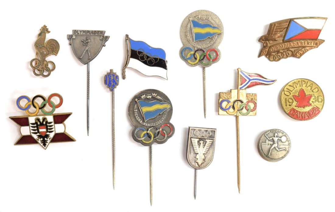 (20) 1936 GERMAN OLYMPICS PINS: (lot of 20) 1936 German Olympics souvenir pins, largest: 1.5"diameter Start Price: $200.00