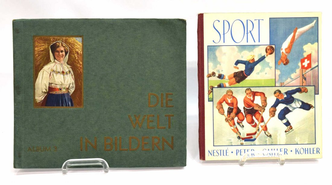 (2) GERMAN 1928 & 1936 OLYMPIC CARD/STAMP BOOKS: (lot of 2) Vintage German trading card and stamp books, 1928 and 1936 Olympics, including: (1) Die Welt in Bildern - Album 3 (Olympiad 1928, Amsterdam), cigarette trading cards, only slight wear, disc