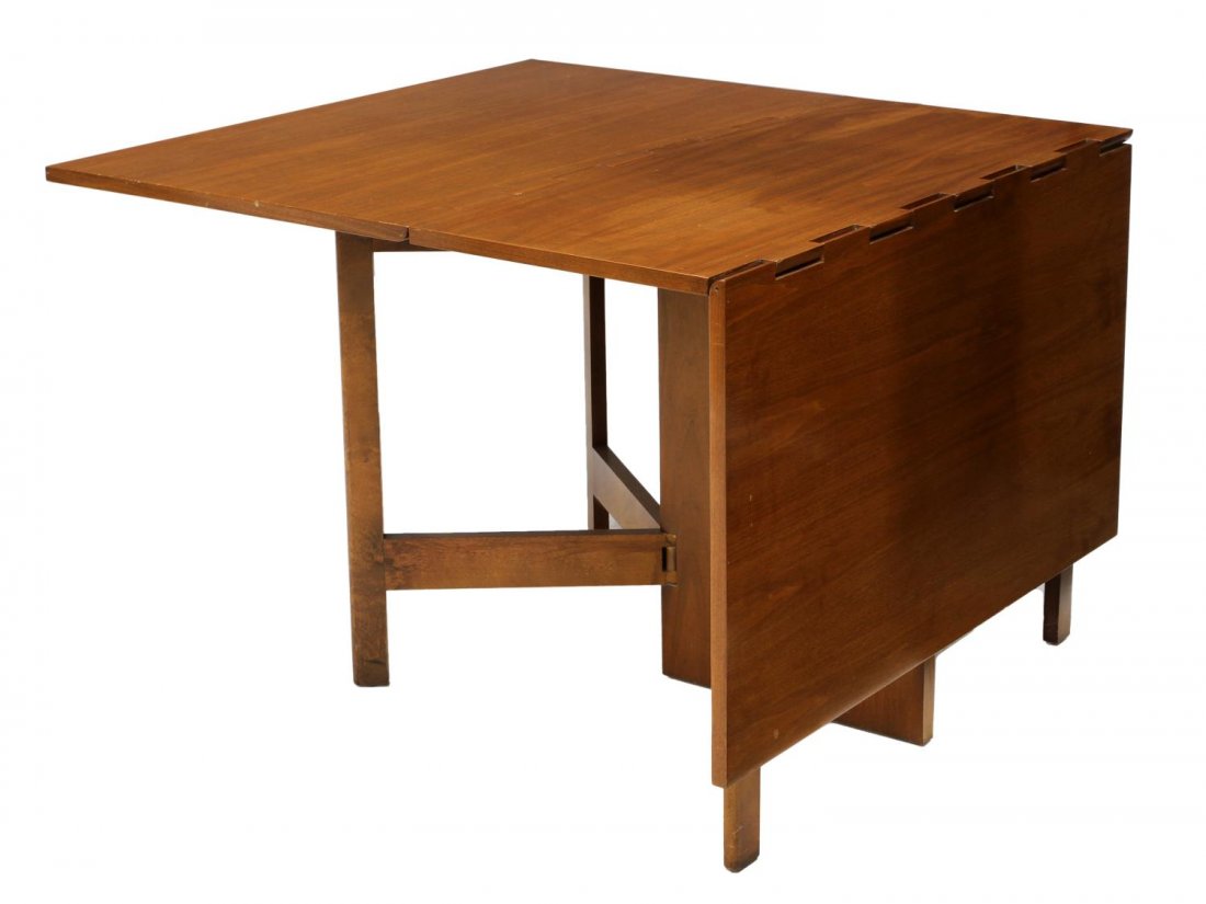 MID-CENTURY MODERN NELSON HERMAN MILLER TABLE 4656: Mid-century modern drop leaf table, 1946 design (4656) by George Nelson (American, 1908,1986) for Herman Miller, a walnut finish table with exposed hinges, retaining Miller tag at underside, leaves ex