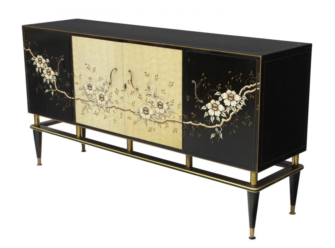 LONG MID-CENTURY MODERN FLORAL PAINTED SIDEBOARD: Mid-century modern painted long sideboard, a black ground painted with flowers, side doors open to shelving and bottle storage, two central doors open to a pair of drawers and storage, tapering cylind