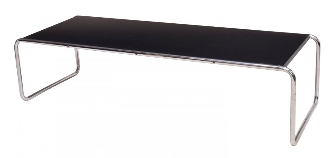 BREUER GAVINA 'LACCIO' CHROME STEEL COFFEE TABLE: Mid-century modern 'Laccio' coffee table, design by Marcel Breuer (Hungary, New York, 1902-1981) for Gavina SpA (Dino Gavina, Italian, 1922-2007,purchased by Knoll in 1968), the rectangular black sati