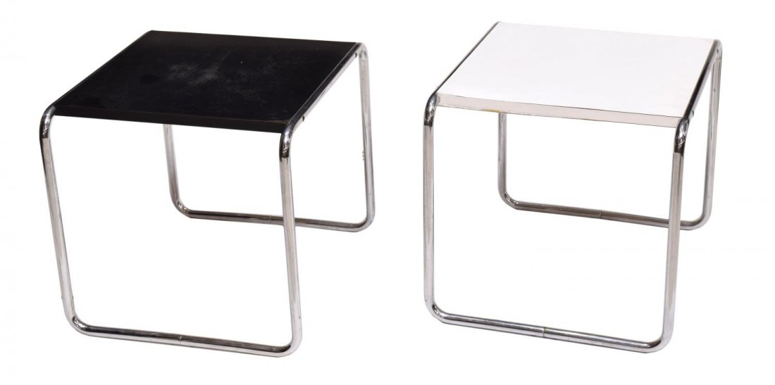 (2)BREUER GAVINA 'LACCIO' CHROME STEEL SIDE TABLES: (lot of 2) Mid-century modern 'Laccio' side table, design by Marcel Breuer (Hungary, New York, 1902-1981) for Gavina SpA (Dino Gavina, Italian, 1922-2007,purchased by Knoll in 1968), one with black to