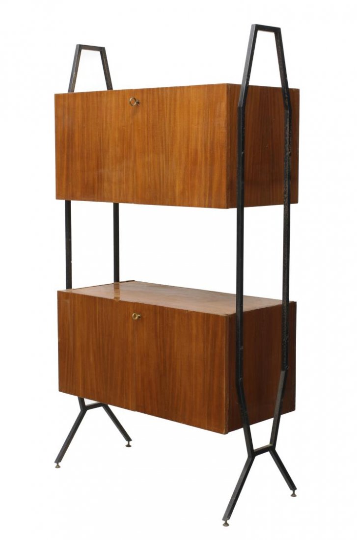 ITALIAN MID-CENTURY MODERN TWO PART CABINET: Italian mid-century modern gloss rosewood two part cabinet, c. 1960, a black square tubular steel frame with separated upper and lower two door cabinets having shelved storage, rising on angled steel 
