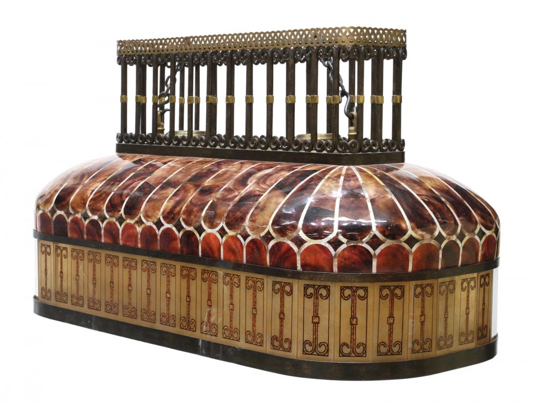 LARGE TEN LIGHT POOL TABLE LAMP: Large ten light pool table lamp, a steel and brass grill over the larger steel banded faux stained glass body over glass panels, shaped as an elongated oval, 25.5"h, 48"l, 24.5"d Start Price: $200.00