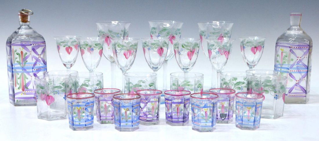 (28) EVA ENGLUND / ORREFORS HANDPAINTED GLASSWARE: (lot of 28) Collection of Eva Englund for Orrefors hand painted glassware, clear glass with floral design, signed EE-AL, 20th c., comprising: (2) decanters, one retaining stopper, 8"h; (3) large wine