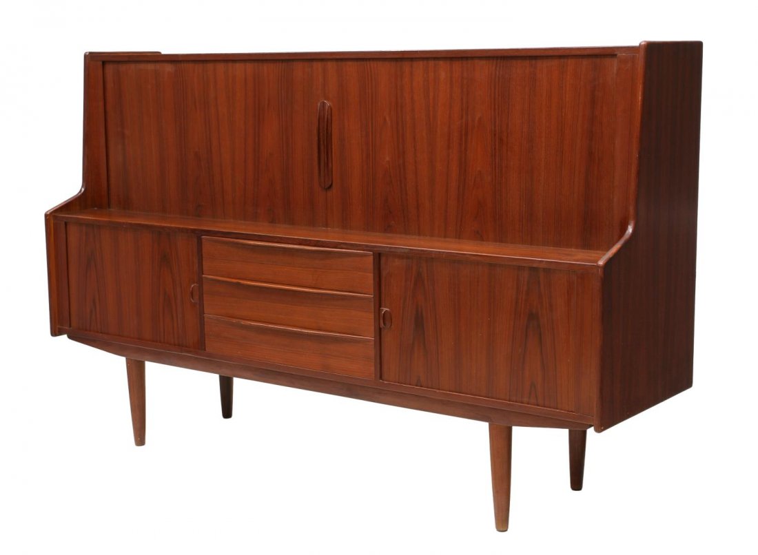 DANISH MID-CENTURY TEAK TAMBOUR DOOR SIDEBOARD: Danish mid-century modern sideboard, c. 1960, the upper part with tambour doors opening to shelved storage and drawers, the lower part with three central drawers flanked at each side by tambour doors,