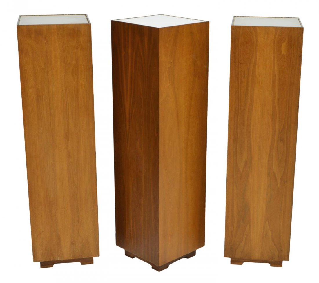 (3) MID-CENTURY STAINED BIRCH LIGHT PEDESTALS: (lot of 3) Mid-Century stained birch light pedestals with frosted glass tops, each having a single light inside, resting on four block feet, one having slightly varied glass, minor wear to edges of ea