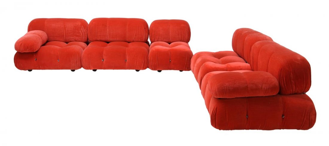 MARIO BELLINI ITALIAN MODERN MODULAR SOFA GROUP: (lot of 5) Italian modern C & B modular Camaleonda sofa, c.1970, design by Mario Bellini (b.1935), each piece upholstered in red corduroy fabric, may be assembled in variety of ways or used individual