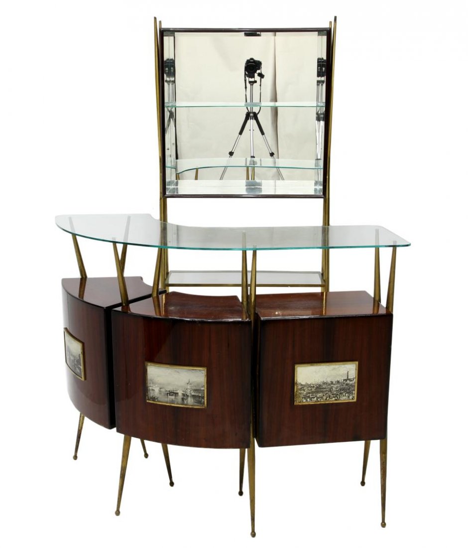ITALIAN MID-CENTURY MODERN TWO PART MODULAR BAR: Italian mid-century bar and back bar, 1960's, the bar with a curving glass top mounted on brass supports over three gloss finish connected cabinets, the fronts with black and white panels depicting Ve