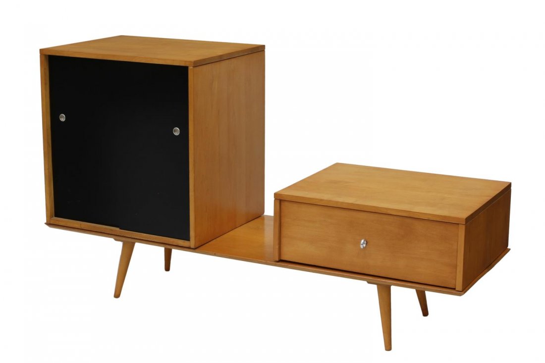 PAUL McCOBB MID-CENTURY MODULAR TABLE CABINETS: Mid-century modern maple modular table and cabinets, design by Paul McCobb Planner Group (American, 1917-1969) for Winchendon Furniture Company, a sliding two black door cabinet , a single drawer, bot