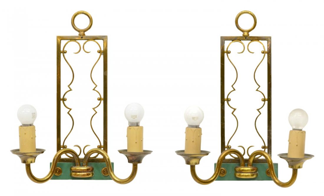 (2) FRENCH GILT BRASS TWO-LIGHT WALL SCONCES: (pair) French mid-century gilt brass two-light wall sconces, c.1950, the central brass frames contain scrolled elements with green accents, two s-curve arms holding circular brass bobeches terminating