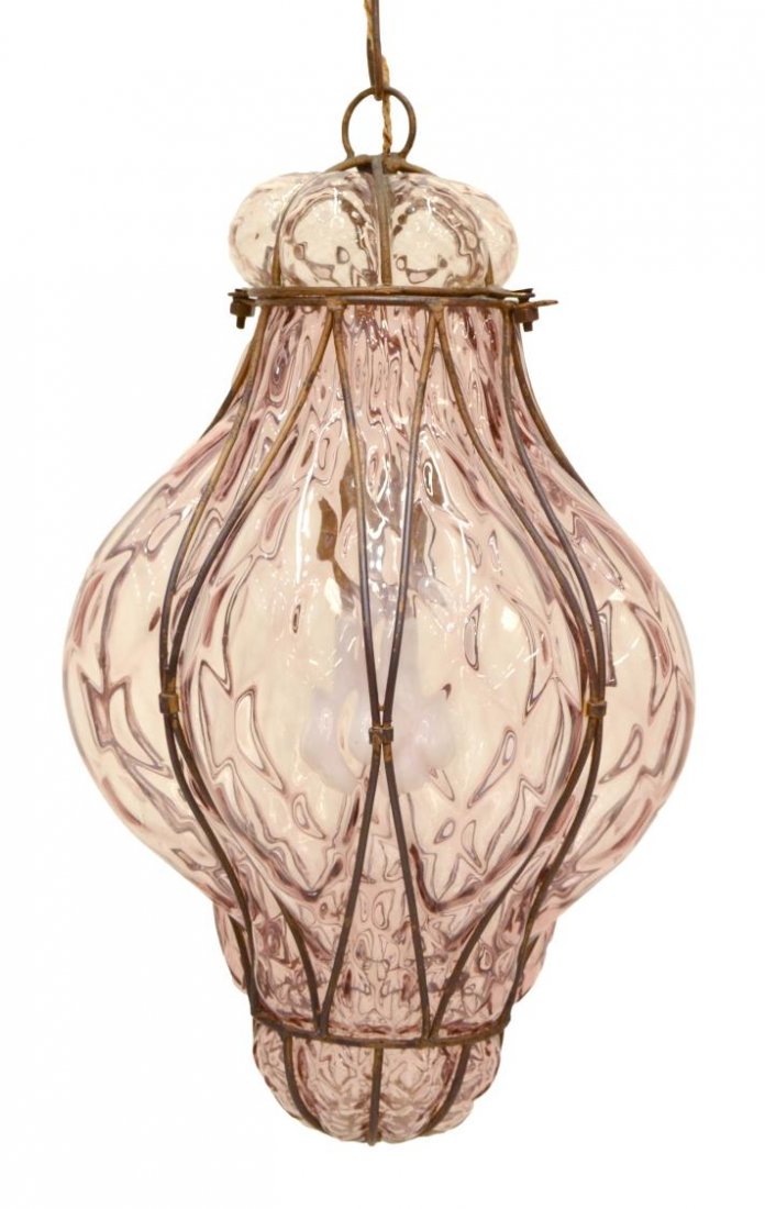 VENETIAN HAND BLOWN ART GLASS HANGING LANTERN: Italian Venetian hand-blown glass lantern lamp, 20th c., gilt metal frame surrounding textured pink glass globe housing single light fixture, star form ceiling cover, in need of wiring, oxidation, app