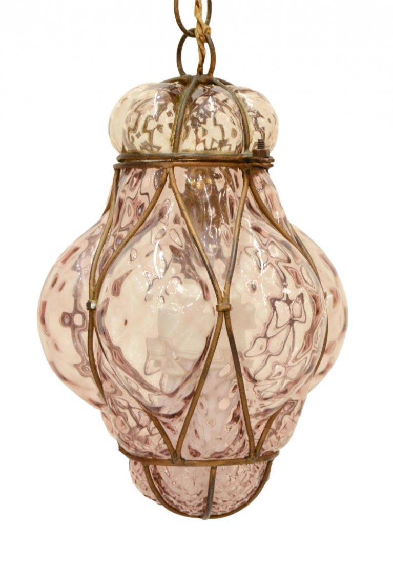 VENETIAN HAND BLOWN ART GLASS HANGING LANTERN: Italian Venetian hand-blown glass lantern lamp, 20th c., gilt metal frame surrounding textured pink glass globe housing single light fixture, star form ceiling cover, in need of wiring, oxidation, app