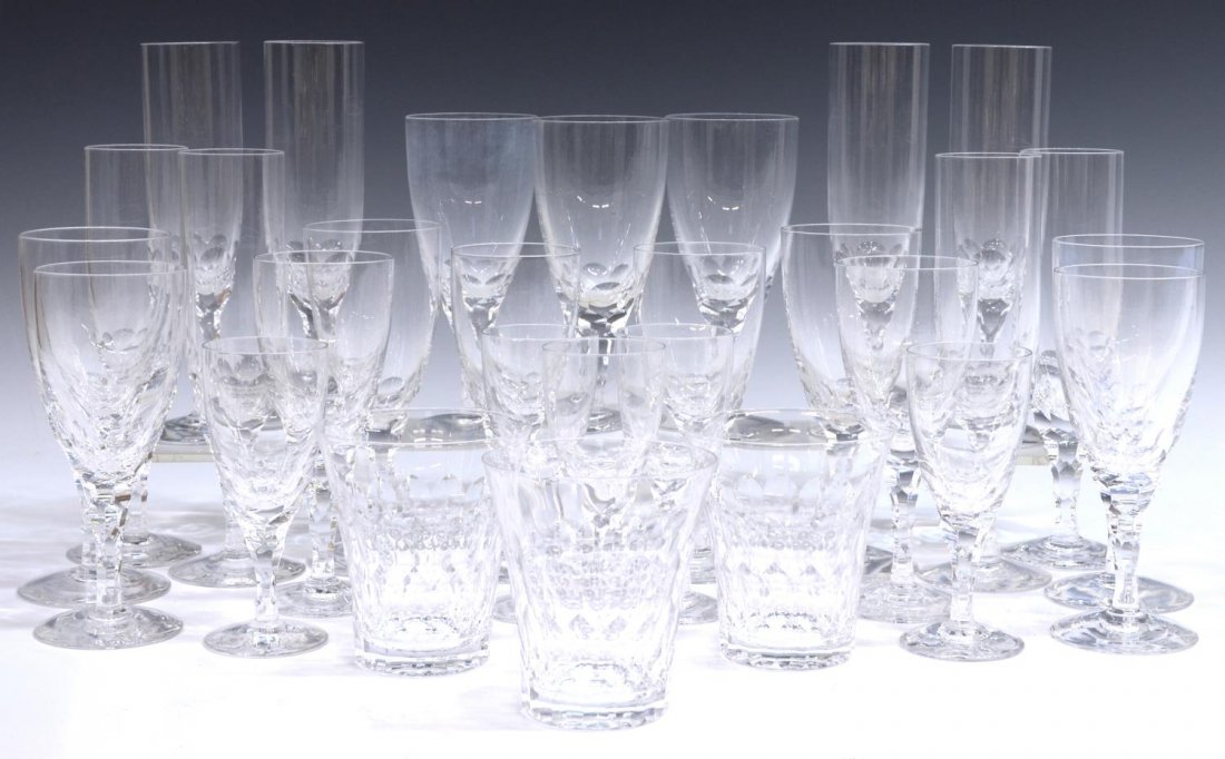 (29) ORREFORS CUT CRYSTAL CARINA PATTERN STEMWARE: (set of 29) Orrefors cut crystal partial stemware service, "Carina" pattern, comprising: (8) champagne flutes, 8"h; (7) goblets, 6.5"h; (6) white wine goblets, 6"h; (5) sherry glasses, 5"h; (3) tumble