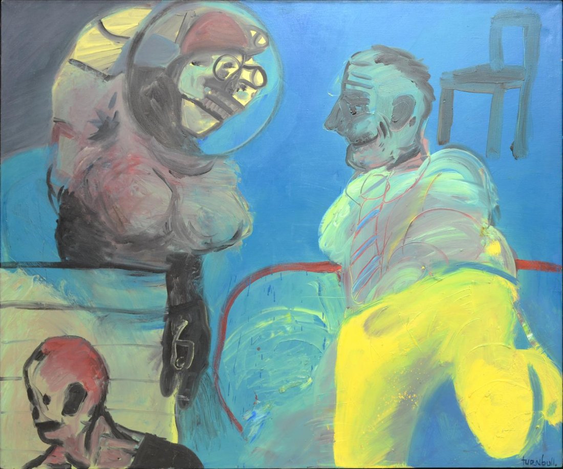 ROBERTO TURNBULL (B. 1959), "PERSONAGES", PAINTING: Framed oil painting on canvas, "Personages", signed lower right Turnbull (Roberto Turnbull, Mexico, 1959) signed again and dated on verso 1985, sight: 49.25"h, 59"w, overall: 51.5"h, 61.25", 19.75lbs