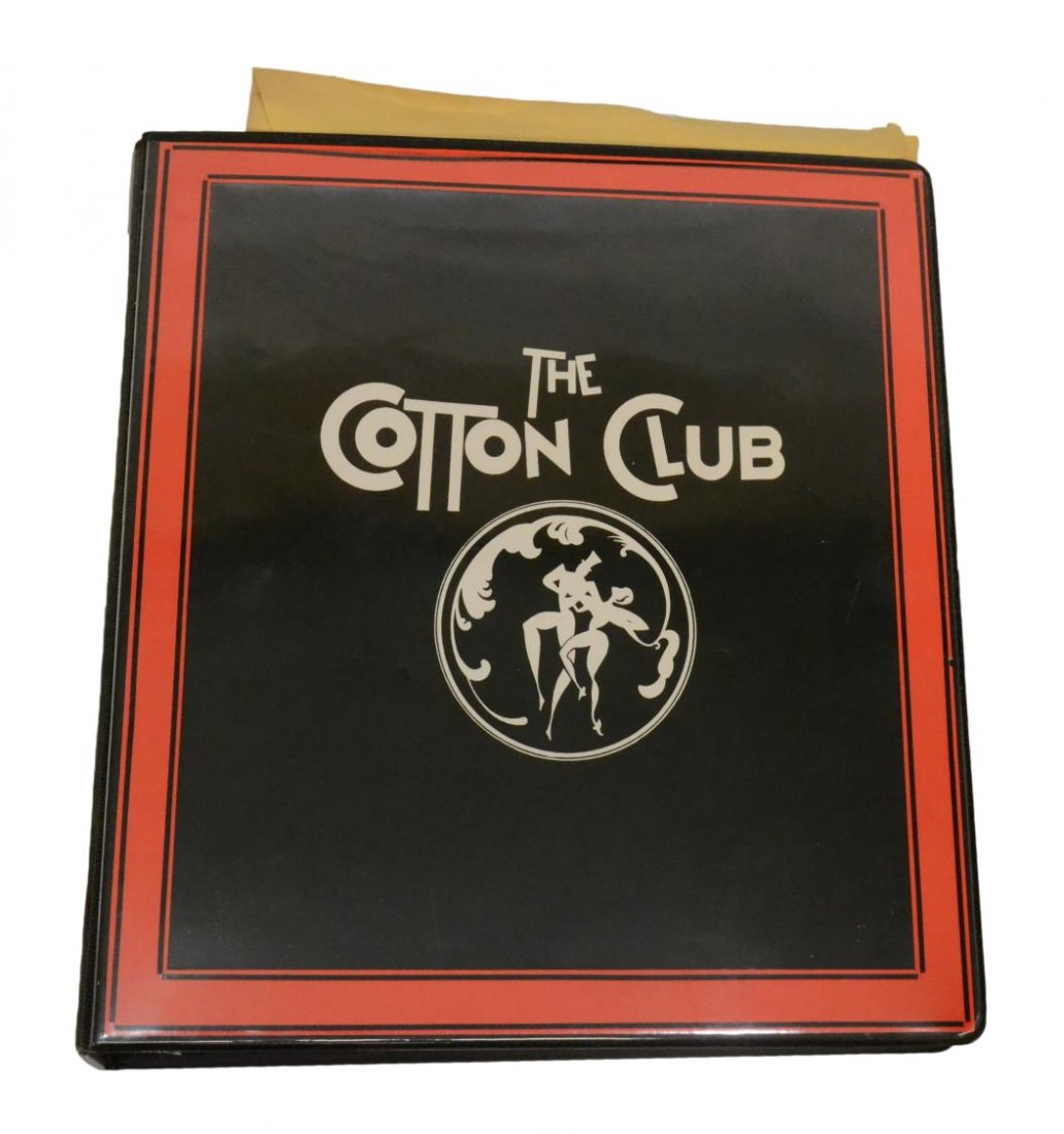 "THE COTTON CLUB" FINAL MOVIE SCRIPT & PHOTOS,1983: The Cotton Club movie script, final version dated December 8th 1983, including the script, production information, a Cotton Club menu, and photo stills from the movie, in a black binder with movie log