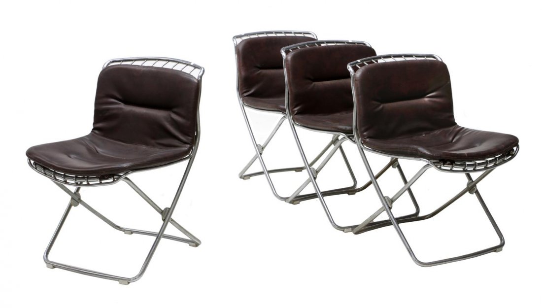(4) ITALIAN MODERN TUBULAR & WIRE FRAMED CHAIRS: Italian modern folding chairs, c. 1970, chromed tubular and wire framed with a single piece removable brown stitched vinyl seat and back, 30.5"h, 20.54"w, 22"d Start Price: $200.00