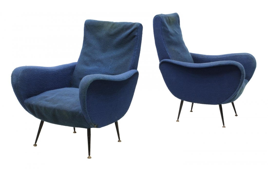 (2)ITALIAN MID-CENTURY CHAIRS ATTRIB. NINO ZONCADA: (pair) Italian mid-century modern lounge chairs, design attributed to Giovanni 'Nino" Zoncada (Italian, 1898-1988), likely original blue fabric rising on angled tapered metal legs with brass circular 