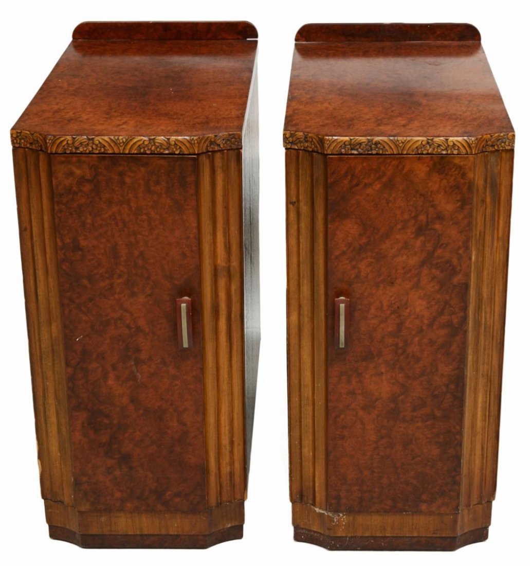 (2) ART DECO BEDSIDE CABINETS: (lot of 2) Art Deco bedside cabinets, originally a vanity, rectangular with a single door, one opening to shelve, the other to three drawers, 26.25"h, 12.25"w, 23.5"d Start Price: $80.00