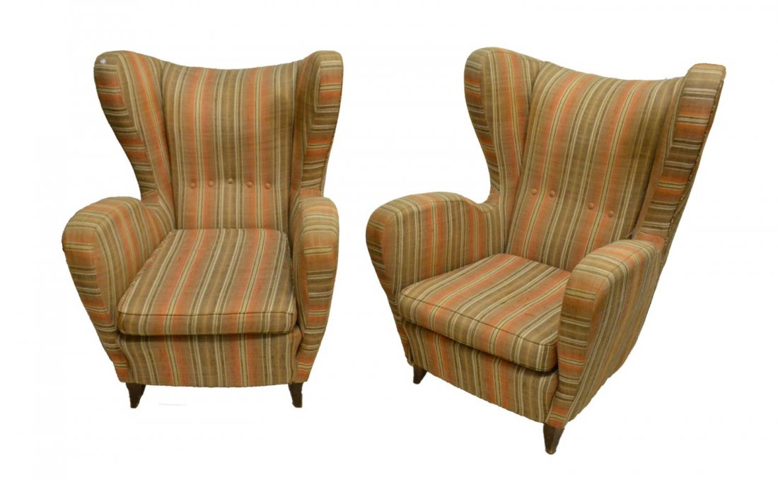 (PAIR) ITALIAN MID-CENTURY MODERN WINGBACK CHAIRS: (lot of 2) Italian mid-century modern wingback chairs, 1950's design attributed to Paolo Buffa (Italian, 1903-1970), a high back with buttoned striped fabric over the loose cushion, flanking arms rise