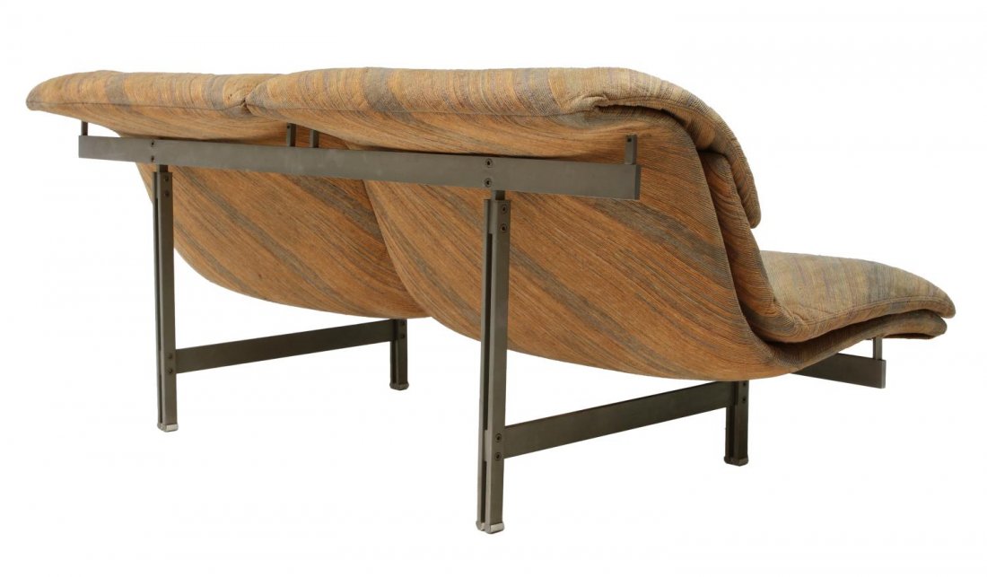 ITALIAN MODERN GIOVANNI OFFREDI WAVE SOFA: Italian mid-century modern Wave Sofa, design by Giovanni Offredi (1927-2007) for Saporiti, fabric by Missoni, c. 1970, the S-form upholstered back and seat cushions on a matte steel frame, staining, w