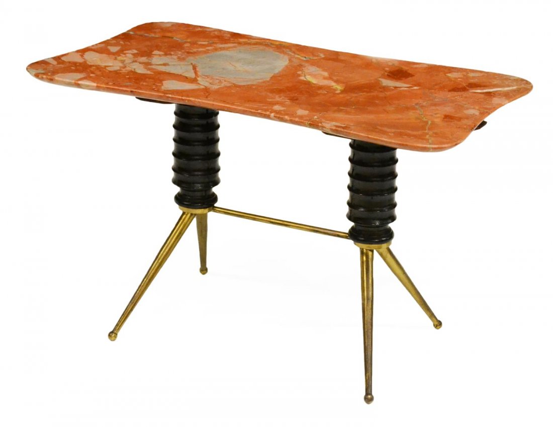 ITALIAN MID-CENTURY MODERN MARBLE TOP COFFEE TABLE: Italian mid-century modern coffee table, late 1950's, having a shaped marble top with black spooled supports on angled tapered brass finish legs, 19.5"h, 32"w, 19"d Start Price: $150.00