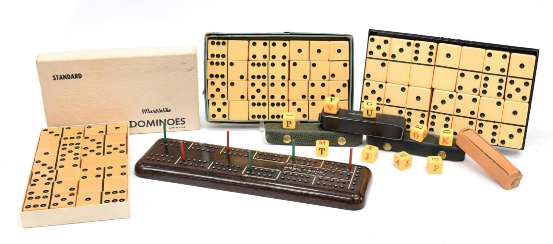 (9) VINTAGE BAKELITE DOMINOS & DICE: (lot of 9) Vintage Bakelite game items, comprising: (3) sets of dominoes; (4) sets of dice, (two) lettered scrabble dice, (one) golf dice game and (one) set of numbered dice, (one) pair of dice with l