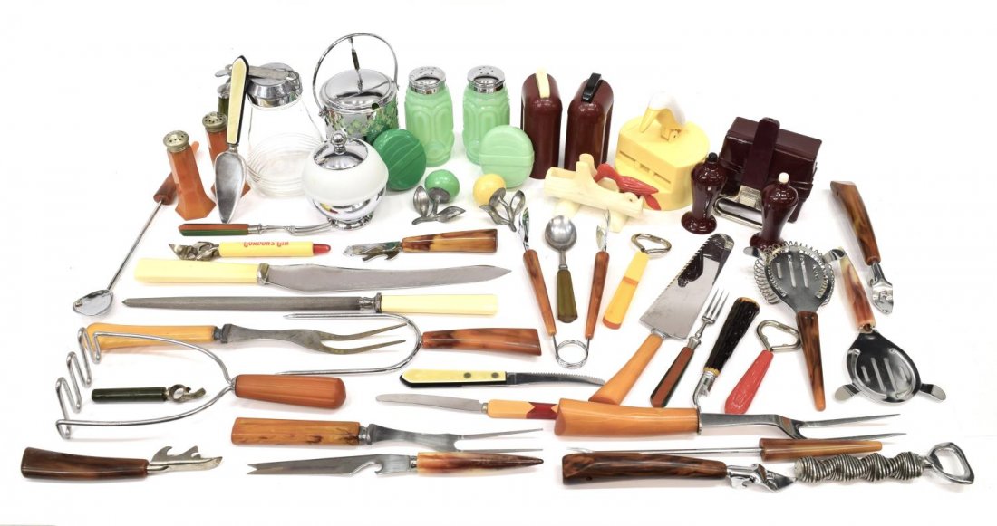 (44) HUGE COLLECTION BAKELITE KITCHEN IMPLEMENTS: (lot of 44) Large collection of bakelite kitchen implements, comprising: (18) assorted kitchen and bar serving items; (11) bottle openers, (ten) having bakelite handles; (4 sets) various bakelite salt