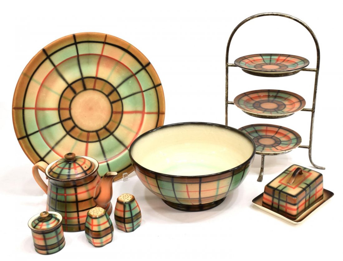 (11) ER ERPHILA CZECHOSLOVAKIAN TARTAN SERVICEWARE: (lot of 11) ER Erphila Czechoslovakian Spritzdekor Tartan pattern serviceware, comprising: (1) large serving bowl, 5.5"h, 12" diam.; (1) large platter, 15" diam.; (1) lidded teapot, 6.5"h; (1) silverp