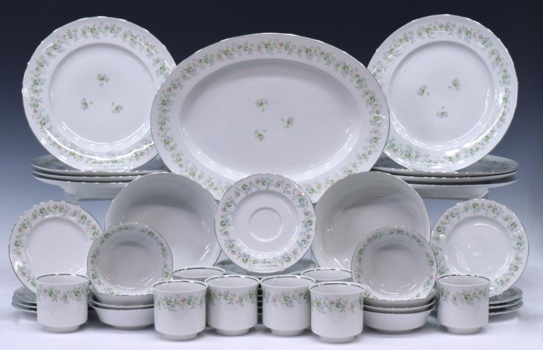 (43) JOHANN HAVILAND FLORAL PORCELAIN DINNER SET: (set of 43) Johann Haviland porcelain dinner service for eight, Bavaria, Germany, each having a thin silver rim and leafy floral band, comprising: (8) dinner plates, 10"diam; (8) bread plates, 6"diam;